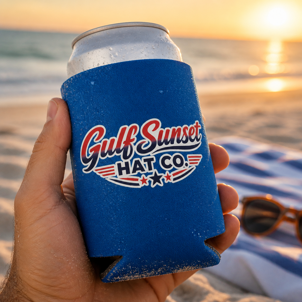 Red, White, and Blue Gulf Sunset Hat Co. Coozie