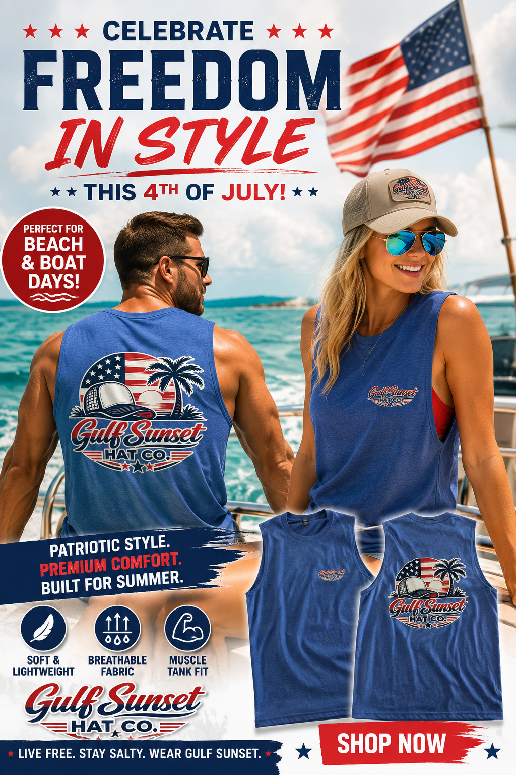 Blue USA Gulf Sunset Muscle Tank