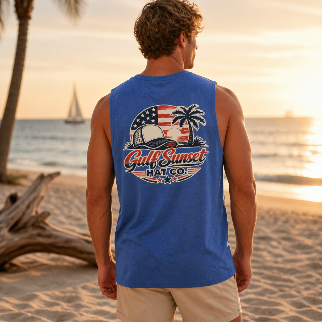 Blue USA Gulf Sunset Muscle Tank