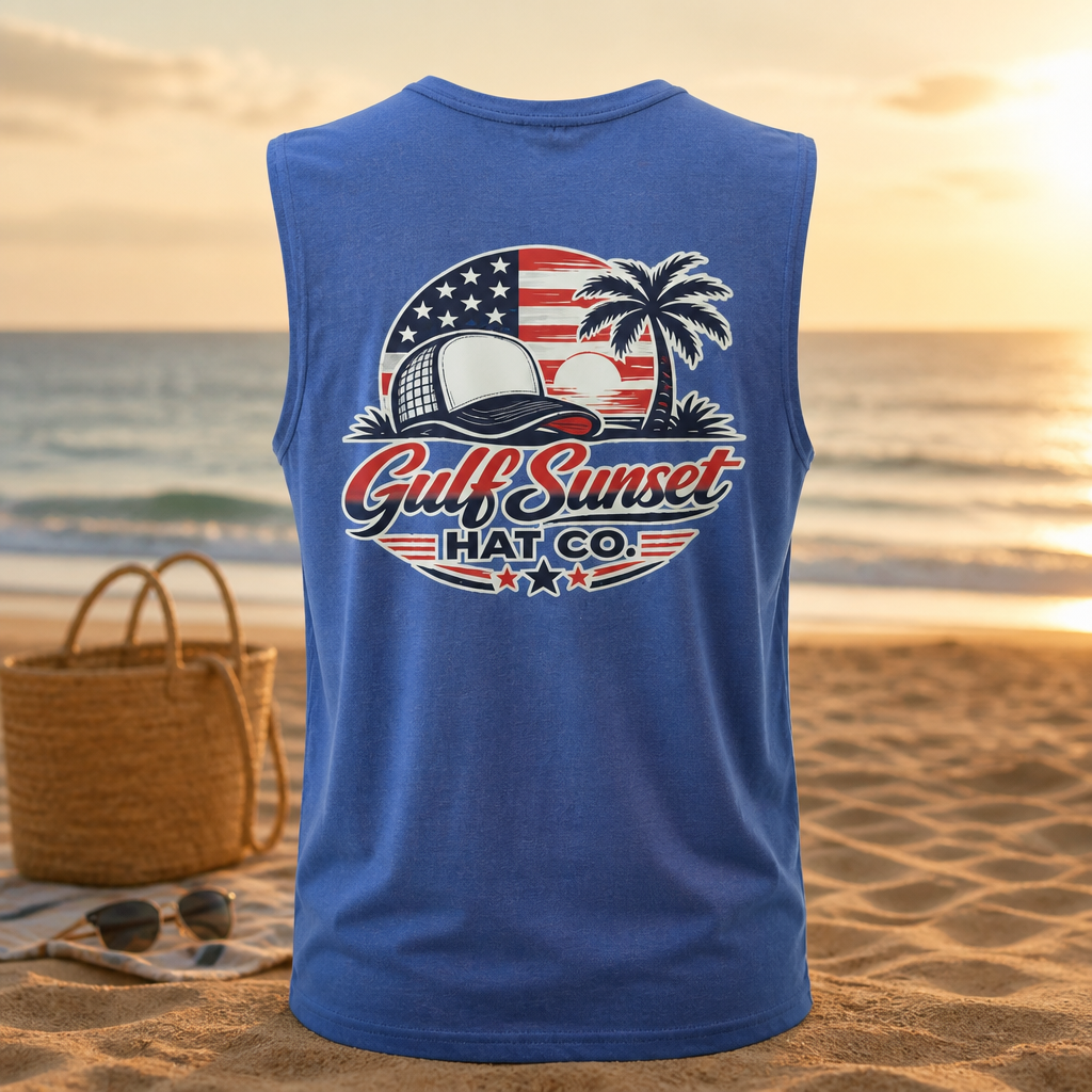 Blue USA Gulf Sunset Muscle Tank