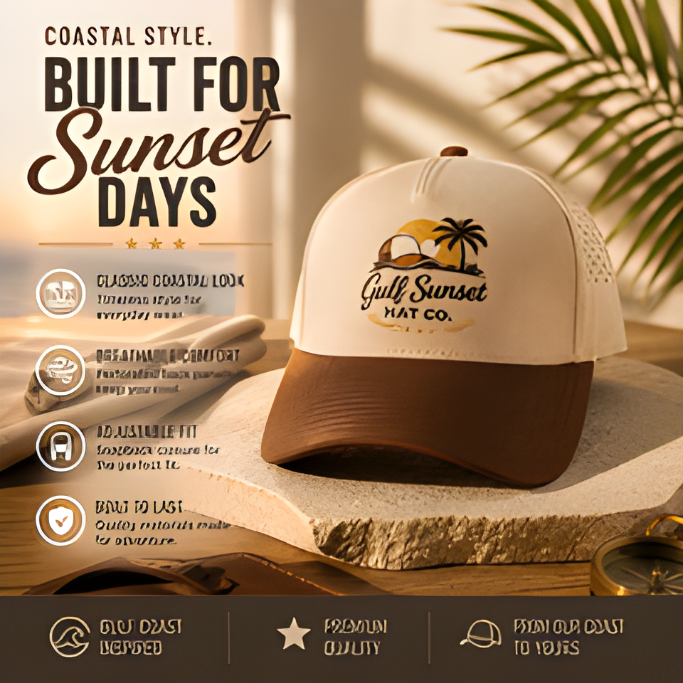 Cream and Brown Gulf Sunset Trucker Hat
